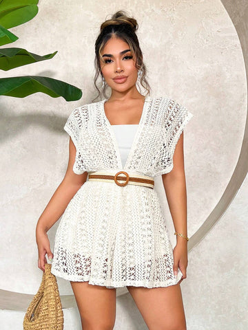 Hollow Out Knitted Jumpsuit For Beach Vacation In Summer