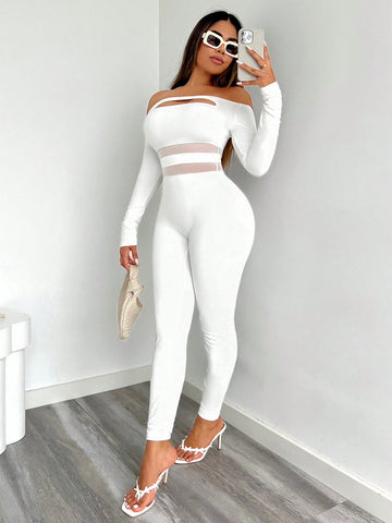 Hollow Out One Shoulder Mesh Patchwork Bodysuit