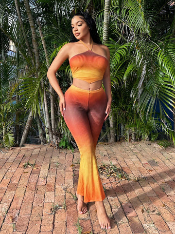 Hollow Out Sun-Set Ombre Color Asymmetrical Hem Halter Top And Bell Sleeve Pants Set For Vacation