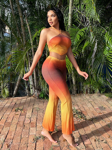 Hollow Out Sun-Set Ombre Color Asymmetrical Hem Halter Top And Bell Sleeve Pants Set For Vacation