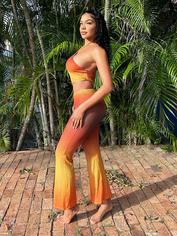 Hollow Out Sun-Set Ombre Color Asymmetrical Hem Halter Top And Bell Sleeve Pants Set For Vacation