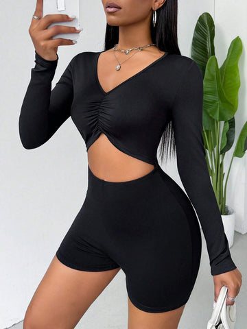 Hollow Out Waist & Chest Cut Out Bodycon Long Sleeve Sexy Black Jumpsuit