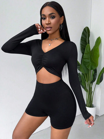 Hollow Out Waist & Chest Cut Out Bodycon Long Sleeve Sexy Black Jumpsuit
