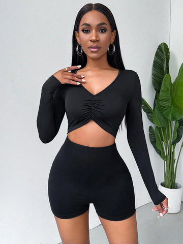 Hollow Out Waist & Chest Cut Out Bodycon Long Sleeve Sexy Black Jumpsuit