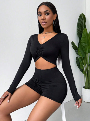 Hollow Out Waist & Chest Cut Out Bodycon Long Sleeve Sexy Black Jumpsuit