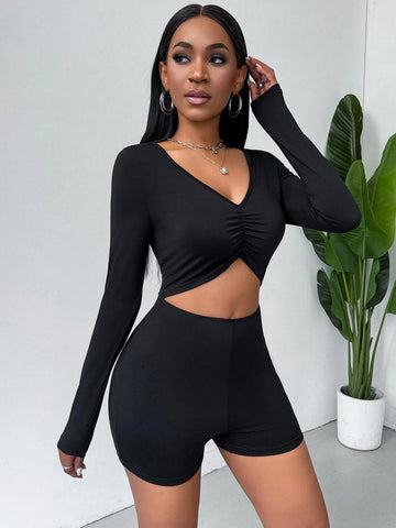 Hollow Out Waist & Chest Cut Out Bodycon Long Sleeve Sexy Black Jumpsuit