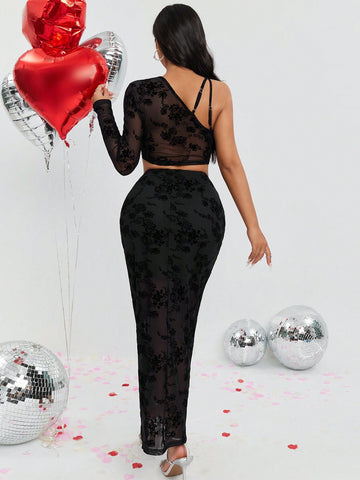 Hollow Out & Velvet & Mesh Cropped Top And Pants Set