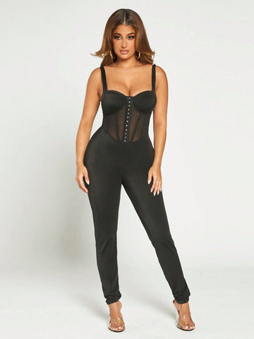 Hook And Eye Mesh Insert Bustier Unitard Jumpsuit