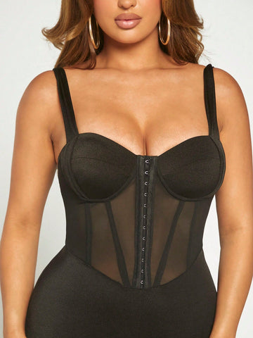 Hook And Eye Mesh Insert Bustier Unitard Jumpsuit