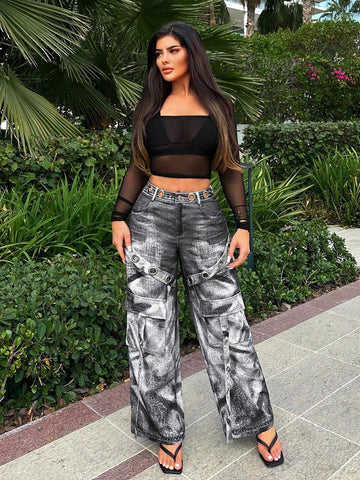 SXY Imitation Denim High-Waisted Jeans With Hole, 3D Pockets, And Trailing Hem