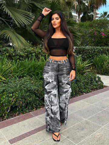 SXY Imitation Denim High-Waisted Jeans With Hole, 3D Pockets, And Trailing Hem