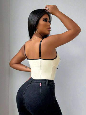 Knitted Colorblock Lace Patchwork Bodysuit With Flower Applique