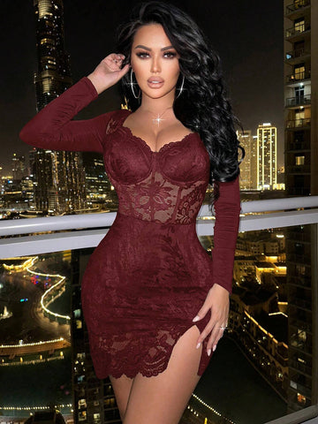 Knitted Lace Cup Collar Long Sleeve Sexy Women Dress