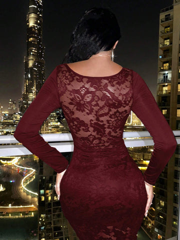 Knitted Lace Cup Collar Long Sleeve Sexy Women Dress