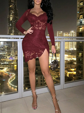 Knitted Lace Cup Collar Long Sleeve Sexy Women Dress