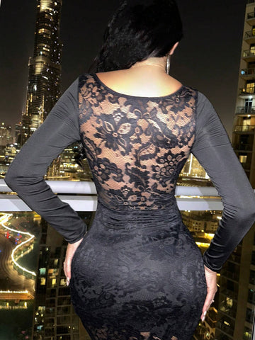 Knitted Lace Cup Detail Long Sleeve Sexy Women Dress