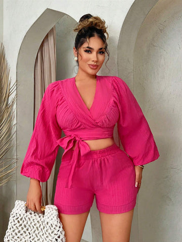 Lace-Up Detail Lantern Sleeve Top And Double Layer Shorts Set