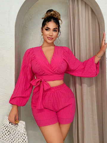 Lace-Up Detail Lantern Sleeve Top And Double Layer Shorts Set