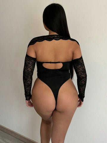 Lace Hollow Out Splice Bodysuit