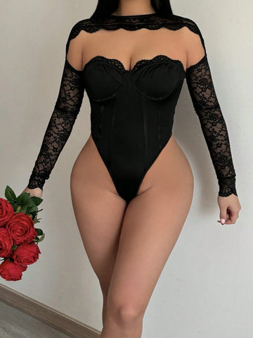 Lace Hollow Out Splice Bodysuit