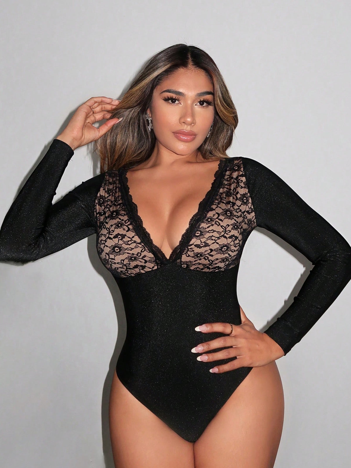 Lace Splicing Deep V-Neck Bodysuit Lace Bodysuit Lace Stitching Color Contrast