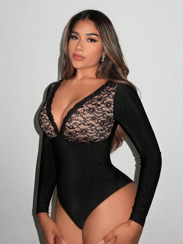 Lace Splicing Deep V-Neck Bodysuit Lace Bodysuit Lace Stitching Color Contrast