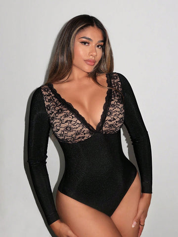 Lace Splicing Deep V-Neck Bodysuit Lace Bodysuit Lace Stitching Color Contrast
