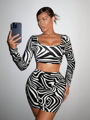 Ladies' Black And White Geometric Zebra Print Long Sleeve T-Shirt And Mini Skirt Set