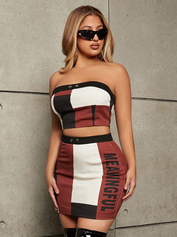 Ladies' Color Block Strapless Crop Top And Short Skirt Set