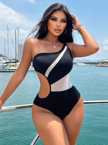 Ladies Colorblock Mesh Splice Openwork Waist One Shoulder Sleeveless Bodysuit For Vacation