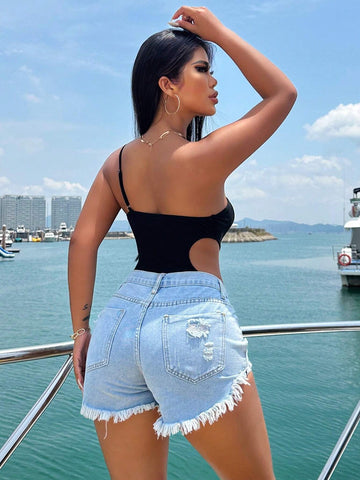 Ladies Colorblock Mesh Splice Openwork Waist One Shoulder Sleeveless Bodysuit For Vacation