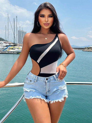 Ladies Colorblock Mesh Splice Openwork Waist One Shoulder Sleeveless Bodysuit For Vacation