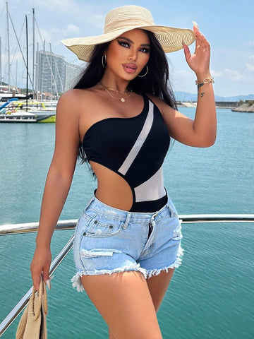 Ladies Colorblock Mesh Splice Openwork Waist One Shoulder Sleeveless Bodysuit For Vacation