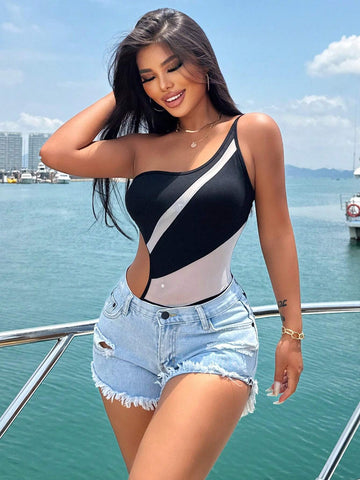 Ladies Colorblock Mesh Splice Openwork Waist One Shoulder Sleeveless Bodysuit For Vacation