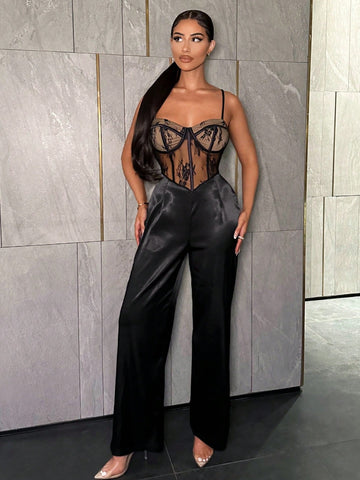 Ladies' Lace Splice Spaghetti Strap Jumpsuits