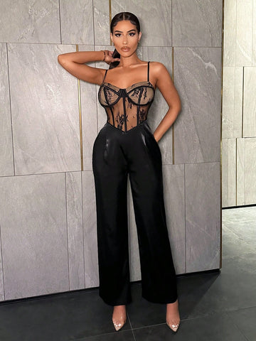 Ladies' Lace Splice Spaghetti Strap Jumpsuits
