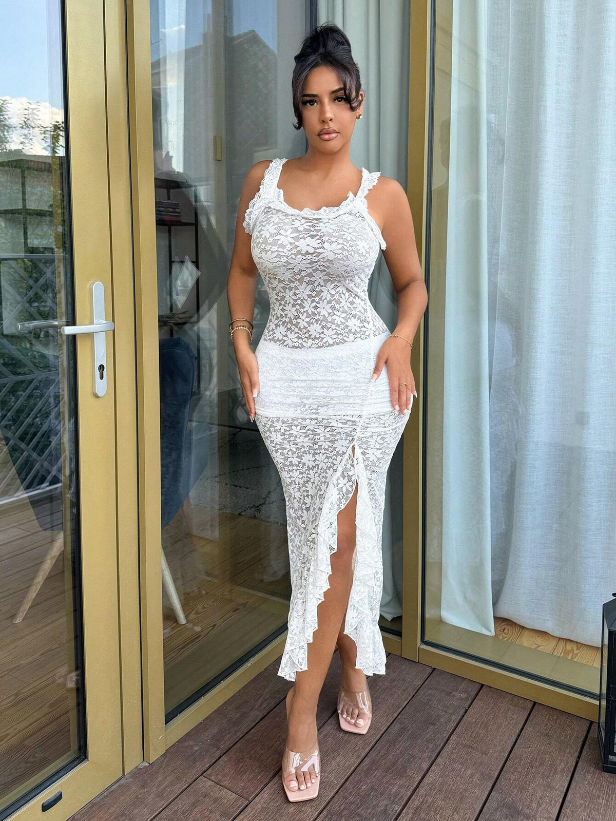 Ladies' Lace Trimmed Ruched Slit Back Solid Color Sleeveless Dress With Straps
