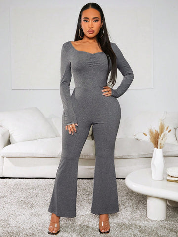 Ladies' Long Sleeve Love Collar Flared Jumpsuit