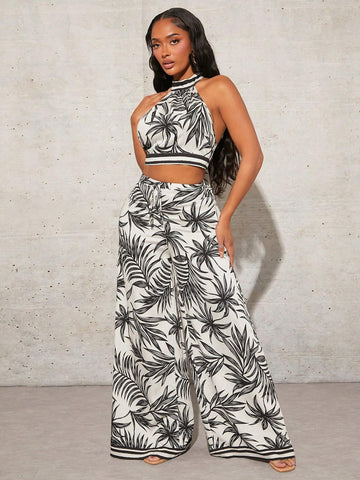 Ladies' Printed Vacation Style Top And Casual Pants 2-Piece Set