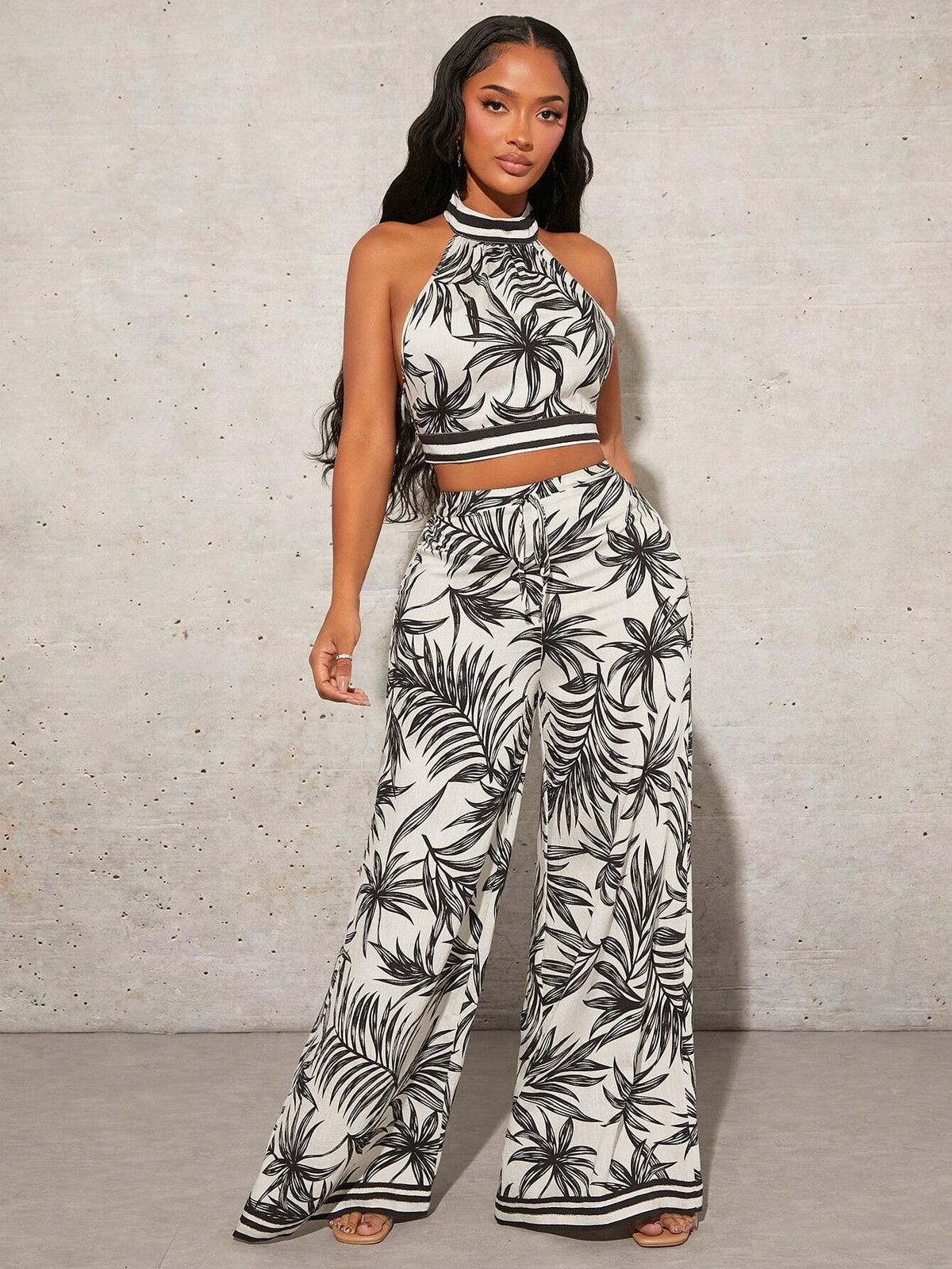 Ladies' Printed Vacation Style Top And Casual Pants 2-Piece Set