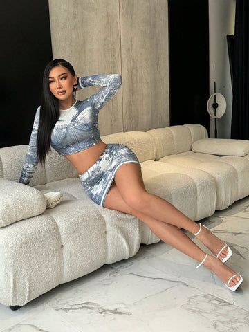 Ladies' Sexy Clubwear Bodycon Printed Two Piece Set
