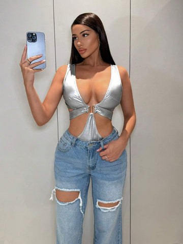 Ladies' Sexy Hollow Out Metallic Silver Bodysuit