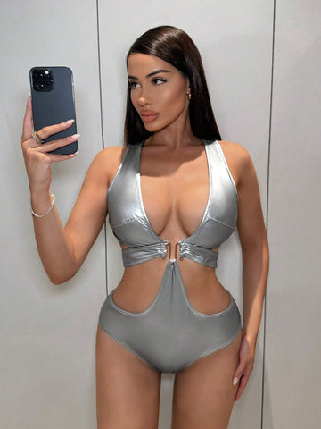 Ladies' Sexy Hollow Out Metallic Silver Bodysuit