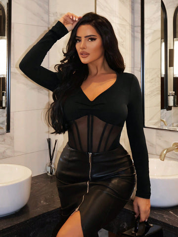 Ladies' Sexy Mesh Patchwork See-Through Bodysuit