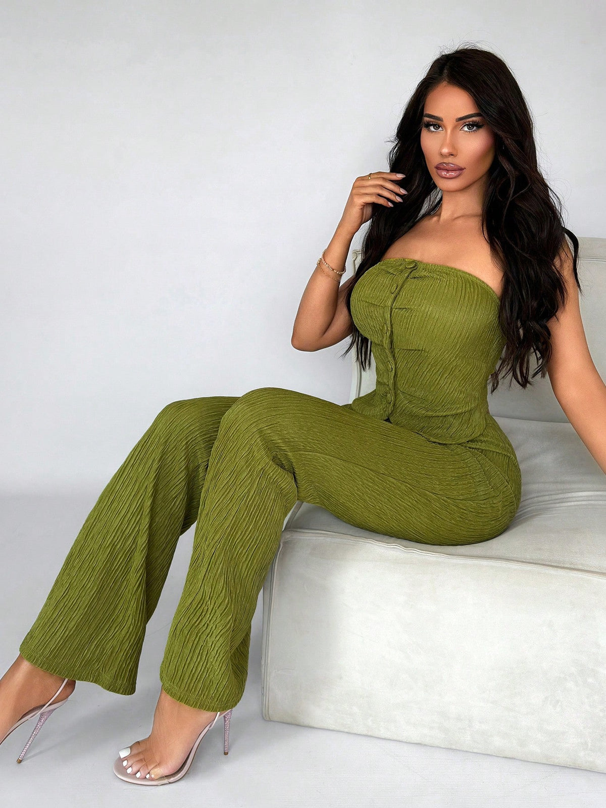 Ladies' Sexy Texture Green Tube Top With Button & Flared Pants Set