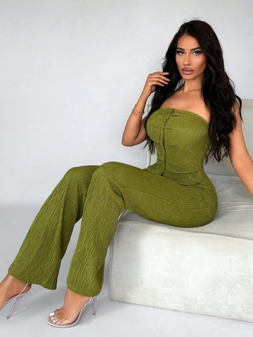 Ladies' Sexy Texture Green Tube Top With Button & Flared Pants Set