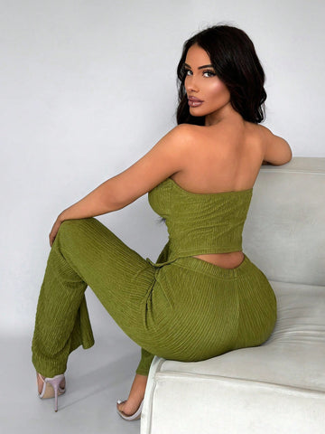 Ladies' Sexy Texture Green Tube Top With Button & Flared Pants Set