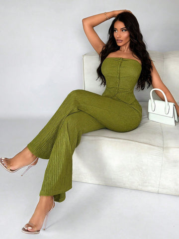 Ladies' Sexy Texture Green Tube Top With Button & Flared Pants Set