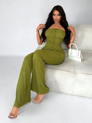 Ladies' Sexy Texture Green Tube Top With Button & Flared Pants Set
