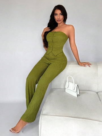 Ladies' Sexy Texture Green Tube Top With Button & Flared Pants Set